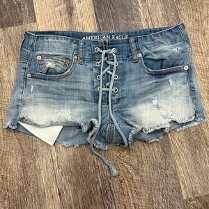 American Eagle Outfitters Super Stretch Denim Tie Closure Cut Off Shorts Y2K